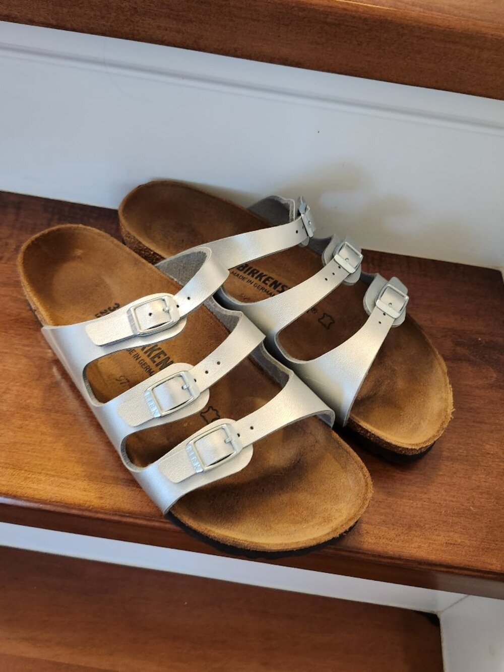 Birkenstock Florida Birko-Flor metallic silver sandals women's size 39